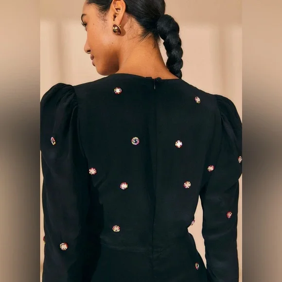 NWT Farm Rio Black Jumpsuit Mirror Embroidered Beaded Details Long Sleeve Large